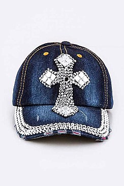 Crystal Cross Embelished Fashion Denim Cap LA-HT277X012