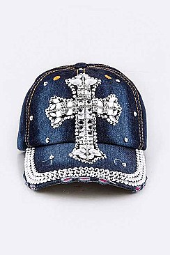 Crystal Cross Embelished Fashion Denim Cap LA-HT277X024
