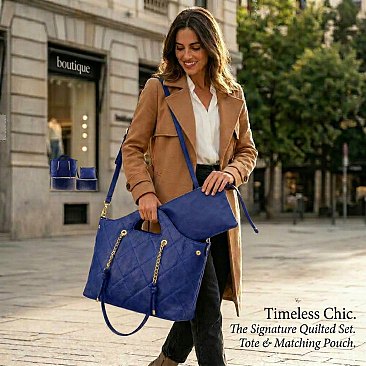 2-IN-1 Quilted Tote / Satchel Bag with Cross-Body Pouch