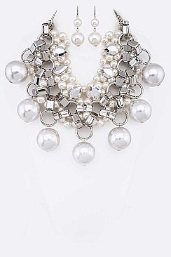 Iconic Mix Chain Pearl Drops Statement Necklace Set