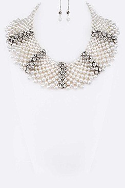 Elegant 	Crystal Accent Pearl Statement Necklace Set