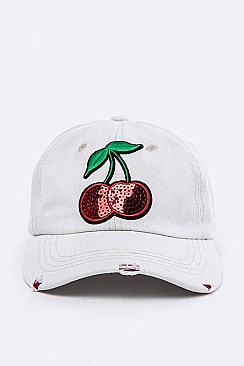 Sequins Cherry Distressed Bleached Denim Cap LA-EMH8643U
