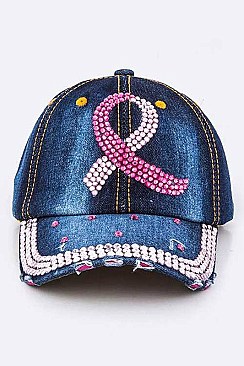 Crystal Pink Ribbon Embelished Fashion Denim Cap LA-HT277X075