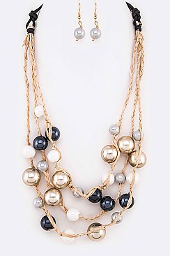 Tri-Layer Mix Beads Straw Adjustable Necklace Set