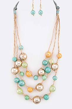 Tri-Layer Mix Beads Straw Adjustable Necklace Set