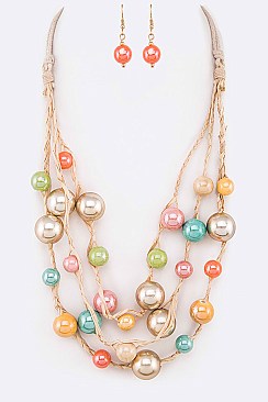 Tri-Layer Mix Beads Straw Adjustable Necklace Set