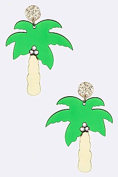 Plexiglass Palm Tree Metallic Round Earrings