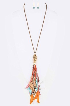 Mix Leather Leaf Tassel Necklace Set