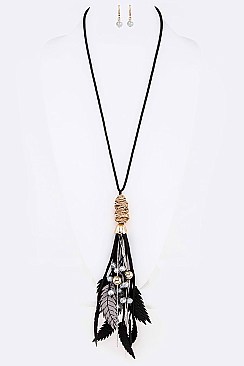 Mix Leather Leaf Tassel Necklace Set