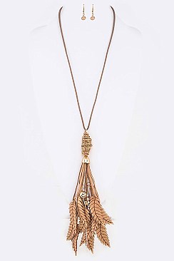 Mix Leather Leaf Tassel Necklace Set