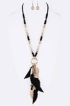 Beads Feather Fringe Leaf Pendant Necklace Set