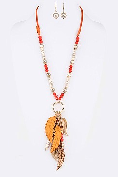 Beads Feather Fringe Leaf Pendant Necklace Set