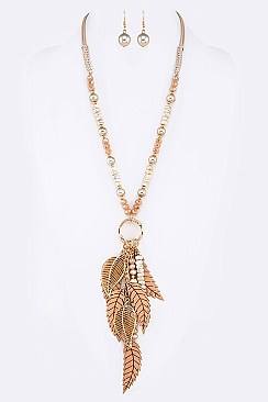 Beads Feather Fringe Leaf Pendant Necklace Set