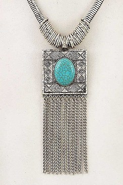 BEADED CHAIN TASSEL GEM FRAMED ORNATE NECKLACE SET