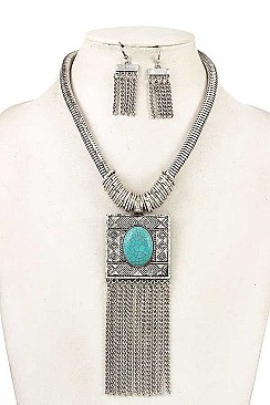 BEADED CHAIN TASSEL GEM FRAMED ORNATE NECKLACE SET