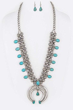 Turquoise Squash Blossom Statement Necklace Set