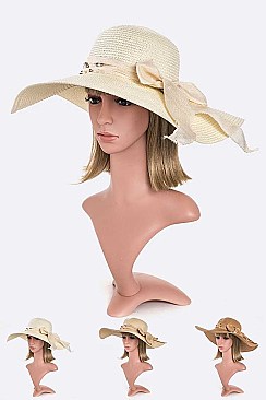 Pack of 6 Beaded Ribbon Straw Floppy Hat Set