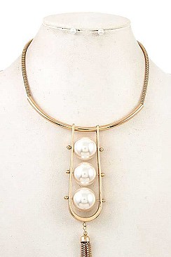 CHAIN TASSEL TRIPLE PEARL LINK NECKLACE SET