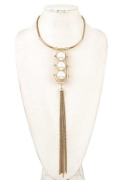 CHAIN TASSEL TRIPLE PEARL LINK NECKLACE SET