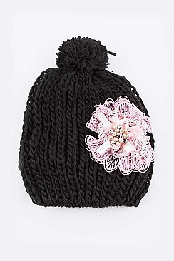 Trendy Statement Lace Flower Fashion Knitted Beanie LA-HT2984MF041