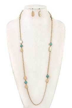 LONG HAMMERED METAL STONE NECKLACE SET