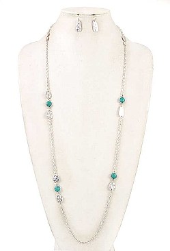 LONG HAMMERED METAL STONE NECKLACE SET