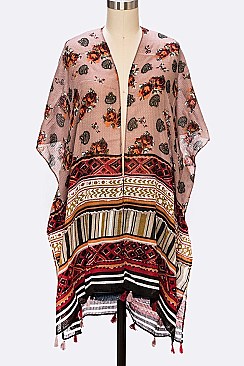 Floral Tribal Tassel Accent Kimono
