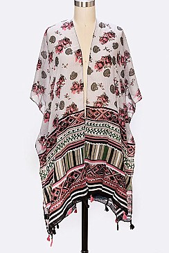 Floral Tribal Tassel Accent Kimono