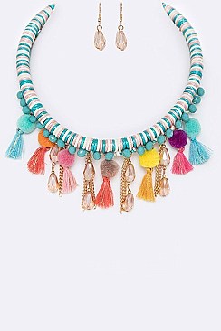 Fringe Beads & PomPom Tassels Necklace Set LANE491765
