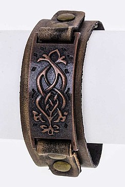 Classic Embossed Metal Tag Leather Cuff LAEML8068