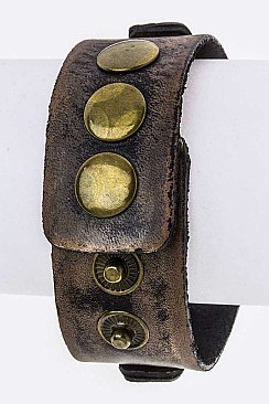 Classic Embossed Metal Tag Leather Cuff LAEML8068