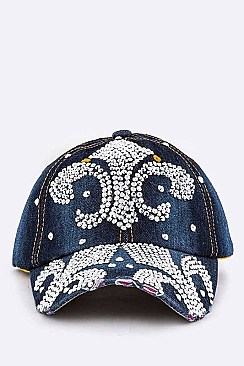 Crystal Fleur De Lis Embelished Denim Cap LA-HT277X117