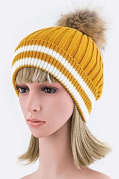 Stylish Raccoon Fur Pom Stripe Hem Beanie LA-EMH8622