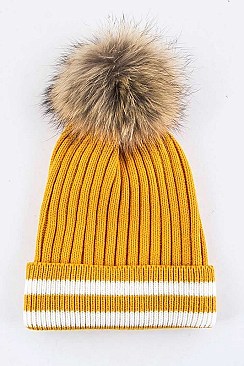 Stylish Raccoon Fur Pom Stripe Hem Beanie LA-EMH8622