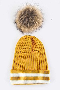 Stylish Raccoon Fur Pom Stripe Hem Beanie LA-EMH8622