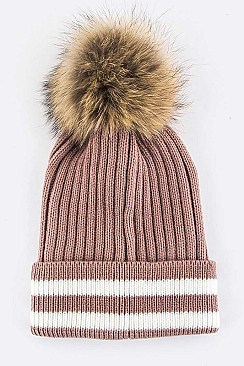 Stylish Raccoon Fur Pom Stripe Hem Beanie LA-EMH8622