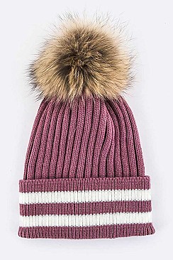 Stylish Raccoon Fur Pom Stripe Hem Beanie LA-EMH8622