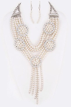 MIXED PEARLS CRYSTAL RING STATEMENT NECKLACE SET