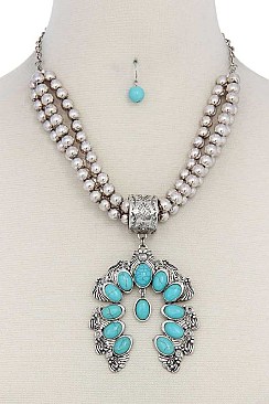 CHIC TURQUOISE CLUSTER PENDANT IN SILVER BEAD FASHION NECKLACE SET JYHNE2689