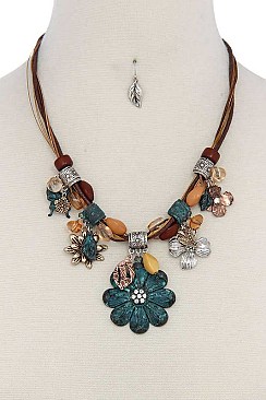FULL BLOOM PATINA FLOWER PU LEATHER FASHION NECKLACE SET JYQNE9022