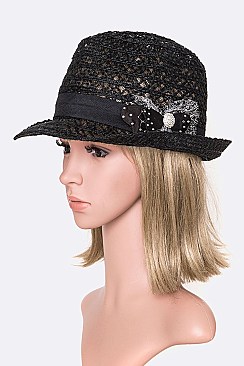 Crystal Bow Mesh Straw Fedora
