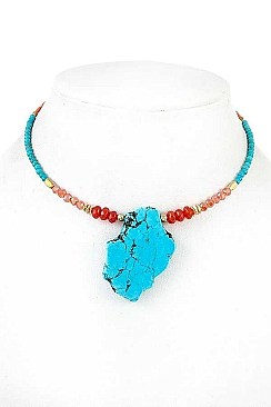 GEMSTONE PENDANT GLASS BEAD CHOKER NECKLACE