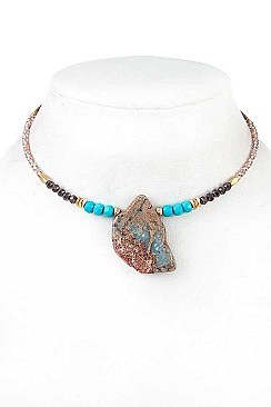 GEMSTONE PENDANT GLASS BEAD CHOKER NECKLACE