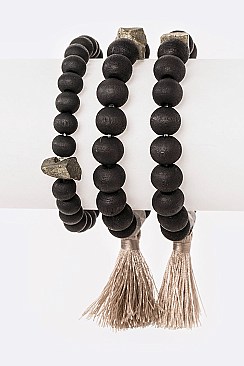 Tassel Accent Golden Nugget Wooden Beads Stretch Bracelet Set