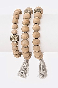 Tassel Accent Golden Nugget Wooden Beads Stretch Bracelet Set