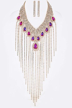 Stylish Rhinestone Tassel Statement Necklace Set LA-GNE2008