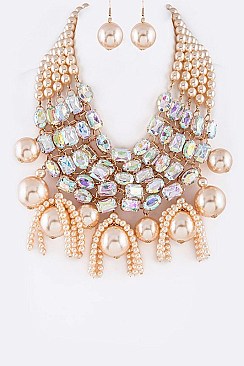 MULTI LAYER LUCITE STONE & PEARL STATEMENT NECKLACE SET