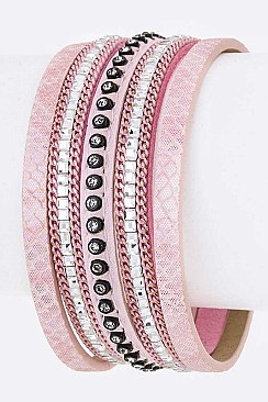 Trendy Crystal & Embossed Slit Leather Cuff LA-NB156