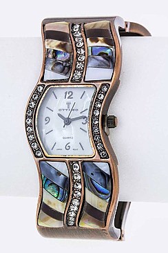 Fashionable Pave Shells & Crystals Wavy Bangle Watch LA-BG1234L21