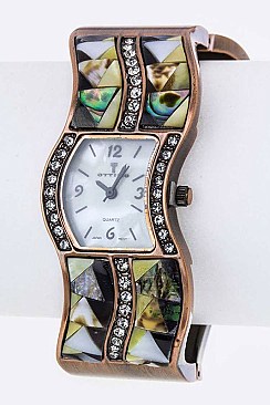 Fashionable Pave Shells & Crystals Wavy Bangle Watch LA-BG1234L21